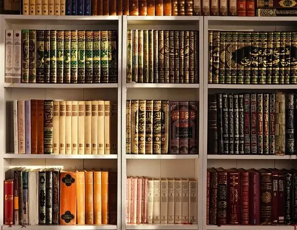A collection of Arabic language books neatly arranged on a wooden library shelf.
